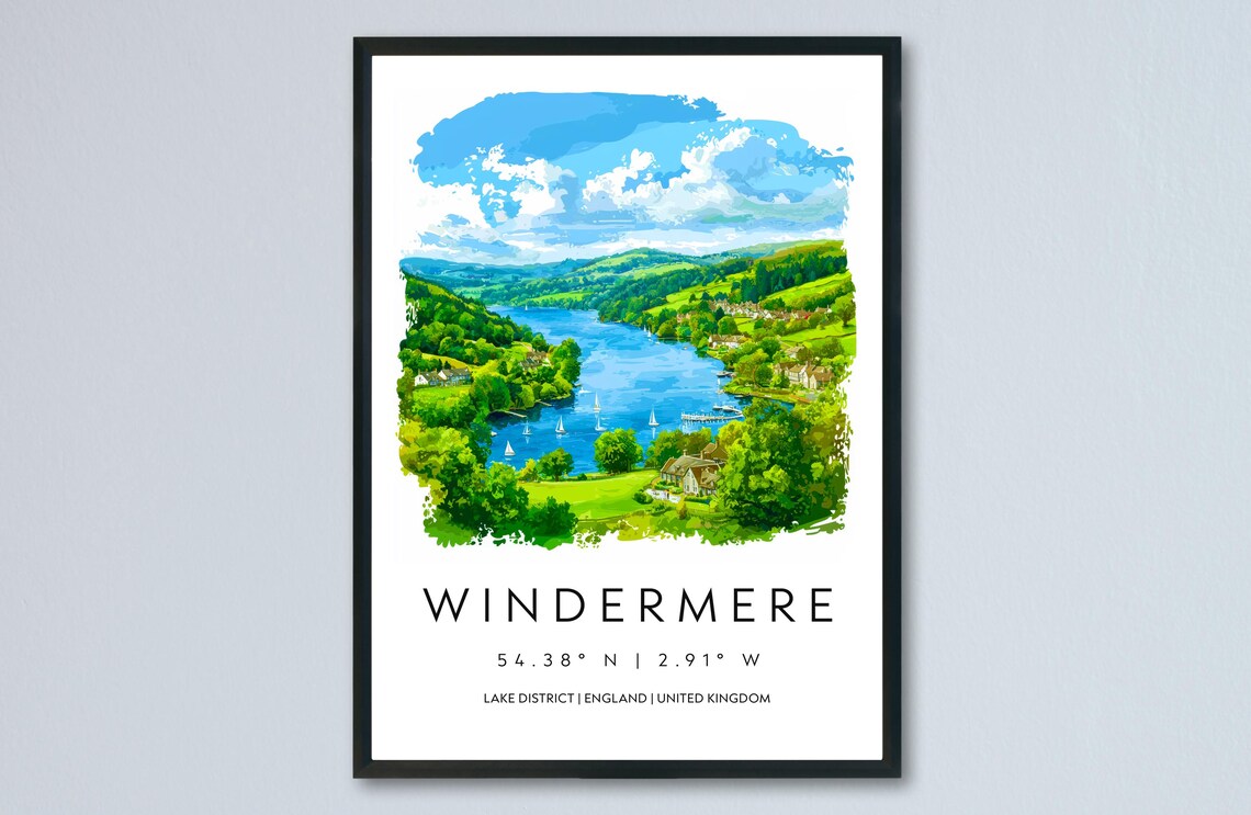 Windermere Lake District Sailing Lake England Watercolor Travel Poster