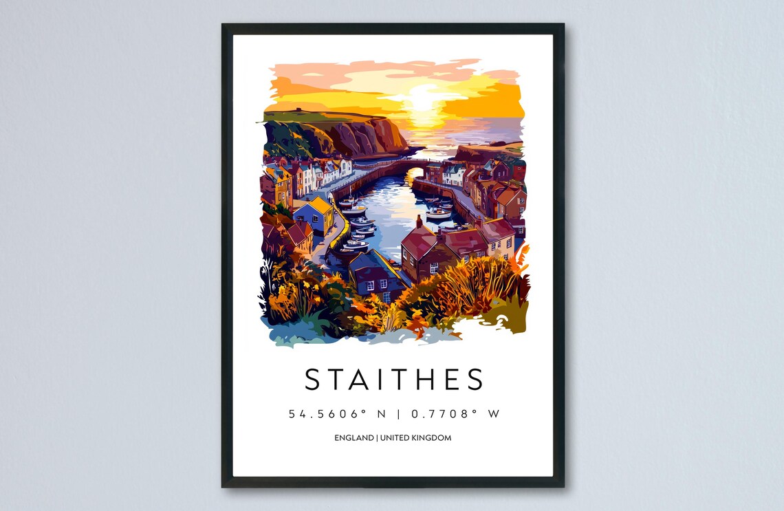 Staithes England Harbor Village Sunset Watercolor Travel Poster