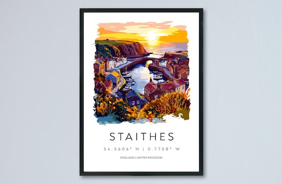 Staithes England Harbor Village Sunset Watercolor Travel Poster