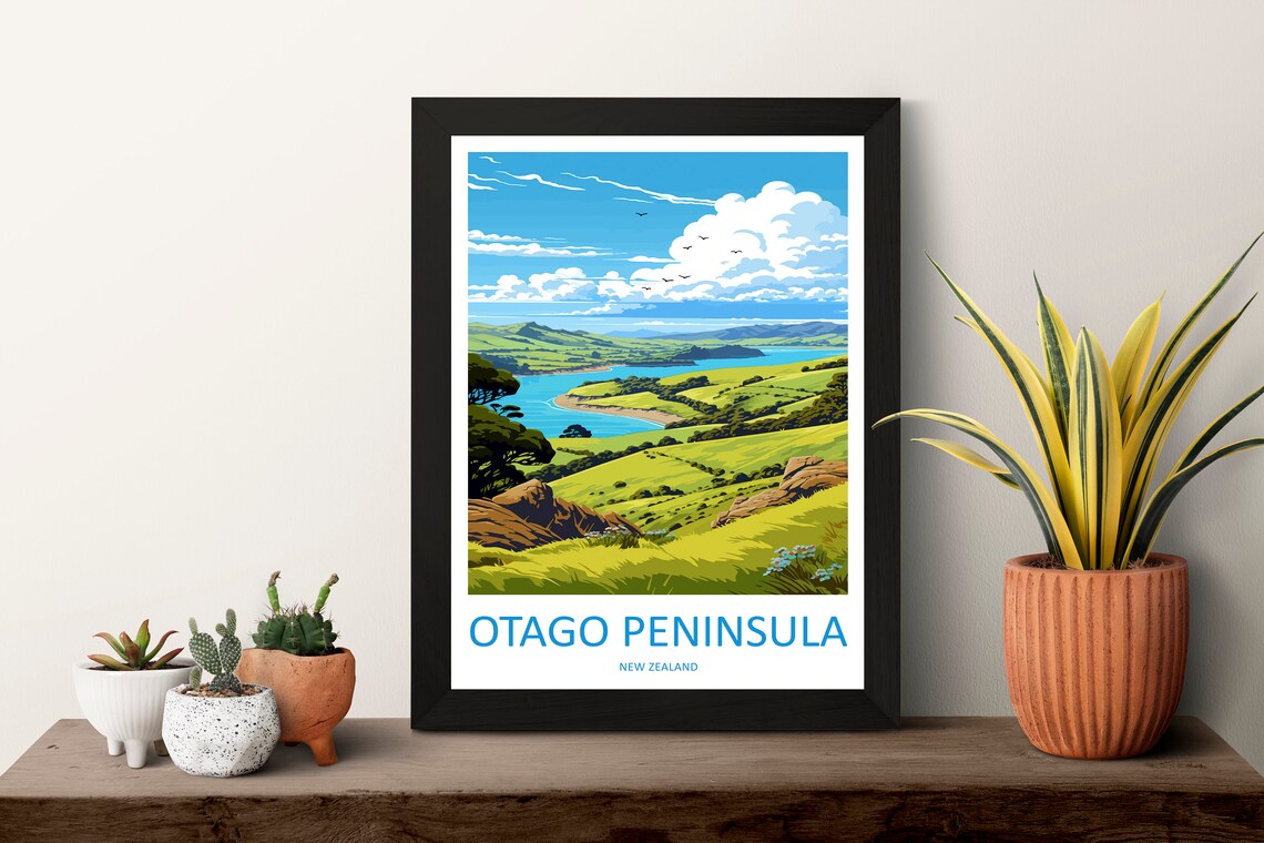 Otago Peninsula New Zealand Coastal Hills Vintage Style Travel Poster - Image 3