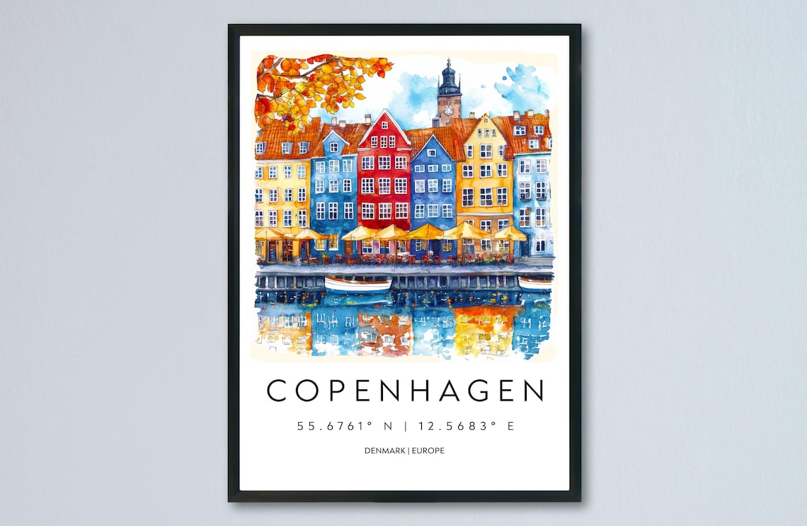 Copenhagen Nyhavn Colorful Houses Watercolor Denmark Travel Poster