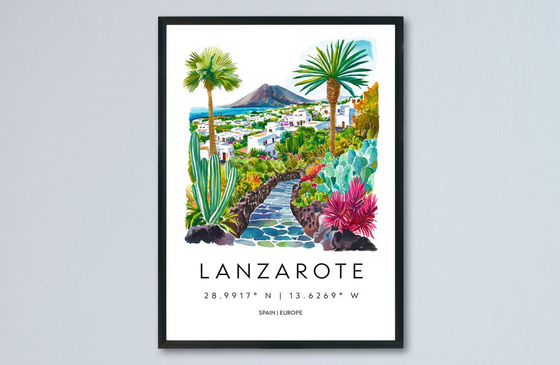 Lanzarote Watercolor Spain Volcanic Cactus Garden View Travel Poster