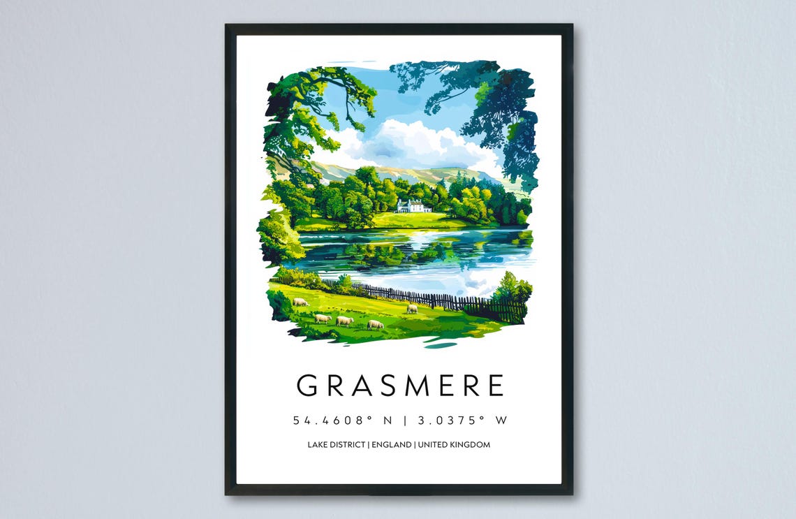 Grasmere Sheep Meadow Lakeside Country House Watercolor Poster