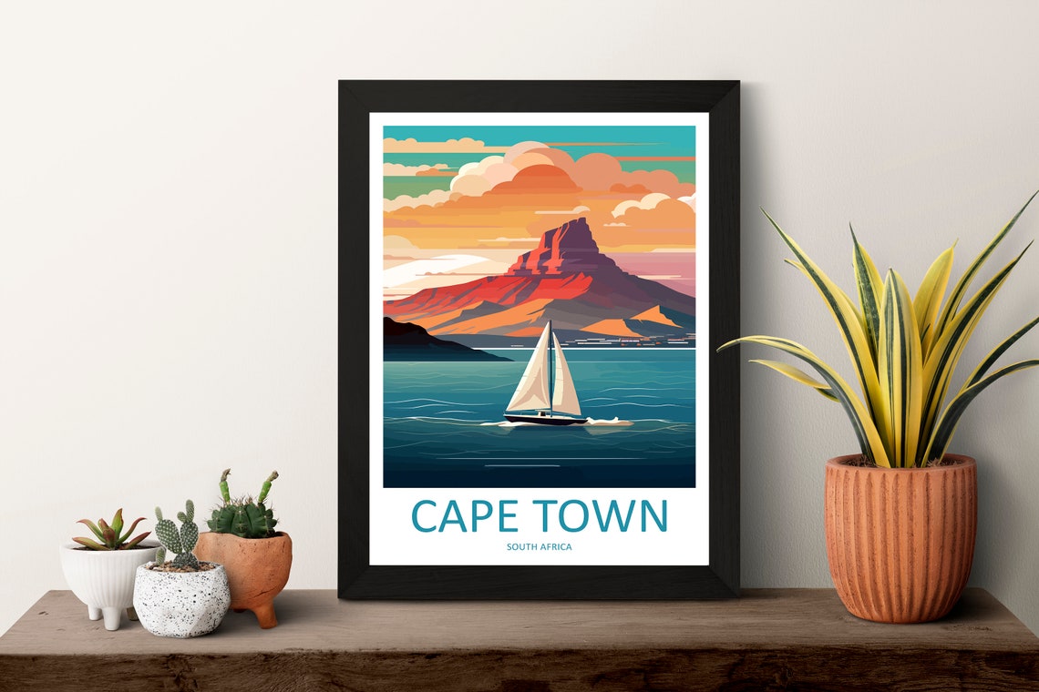 Cape Town South Africa Sailboat Table Mountain Sunset Art Poster - Image 3