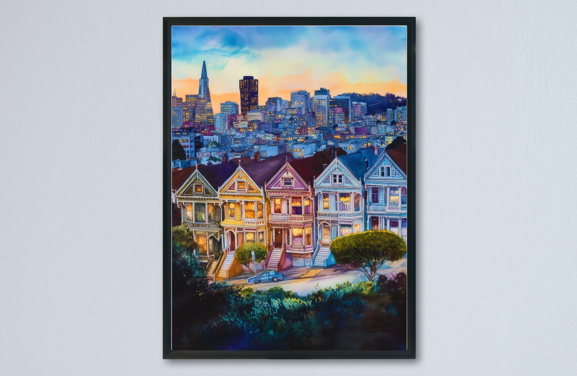 San Francisco Painted Ladies Victorian Houses Dusk Skyline Poster