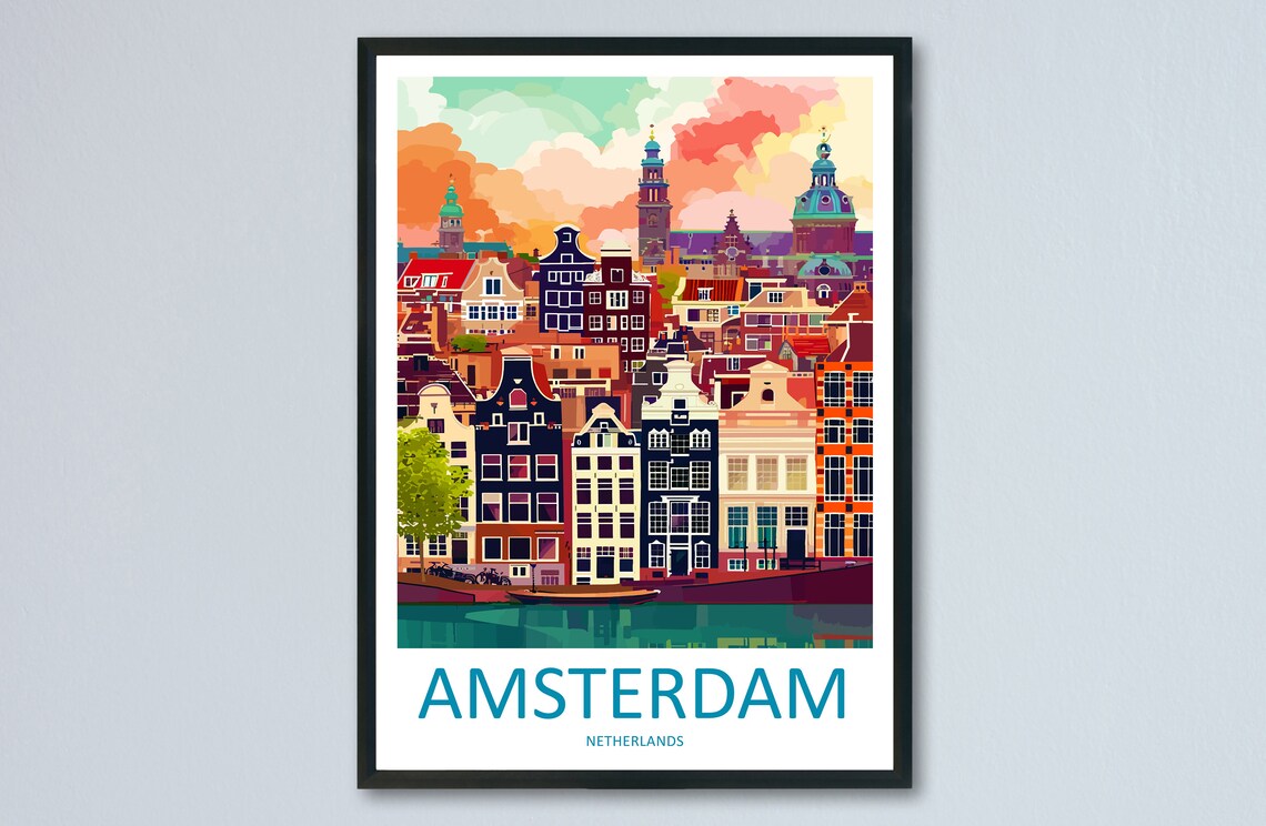 Amsterdam Netherlands Canal Houses Sunset Skyline Travel Poster