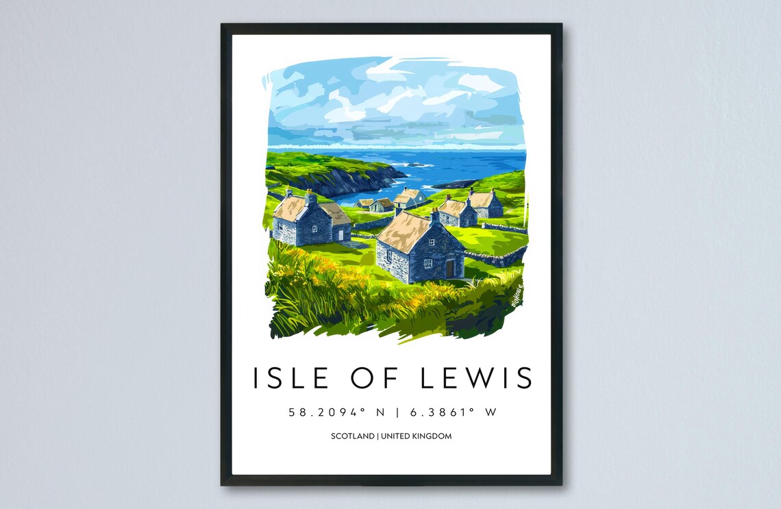 Isle of Lewis Stone Crofts Coastal Cliffs Scotland Watercolor Poster