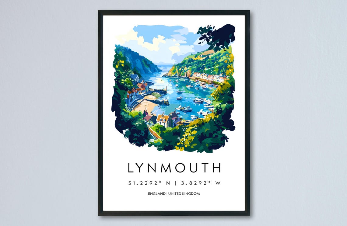 Lynton Lynmouth Watercolor Travel Poster, Devon