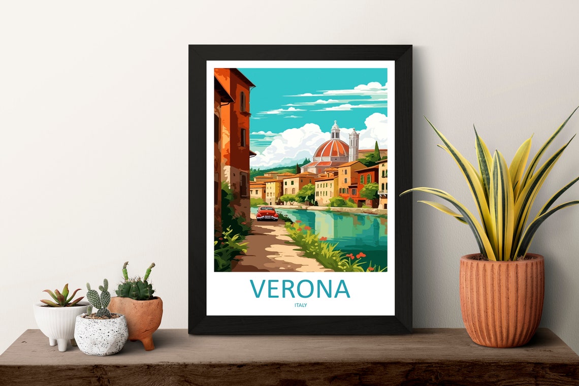 Romantic Verona Italy Riverside Old Town Dome Church Travel Poster - Image 3