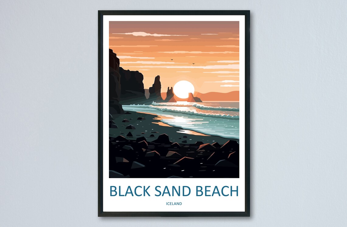 Black Sand Beach Travel Poster, Iceland Wall Art