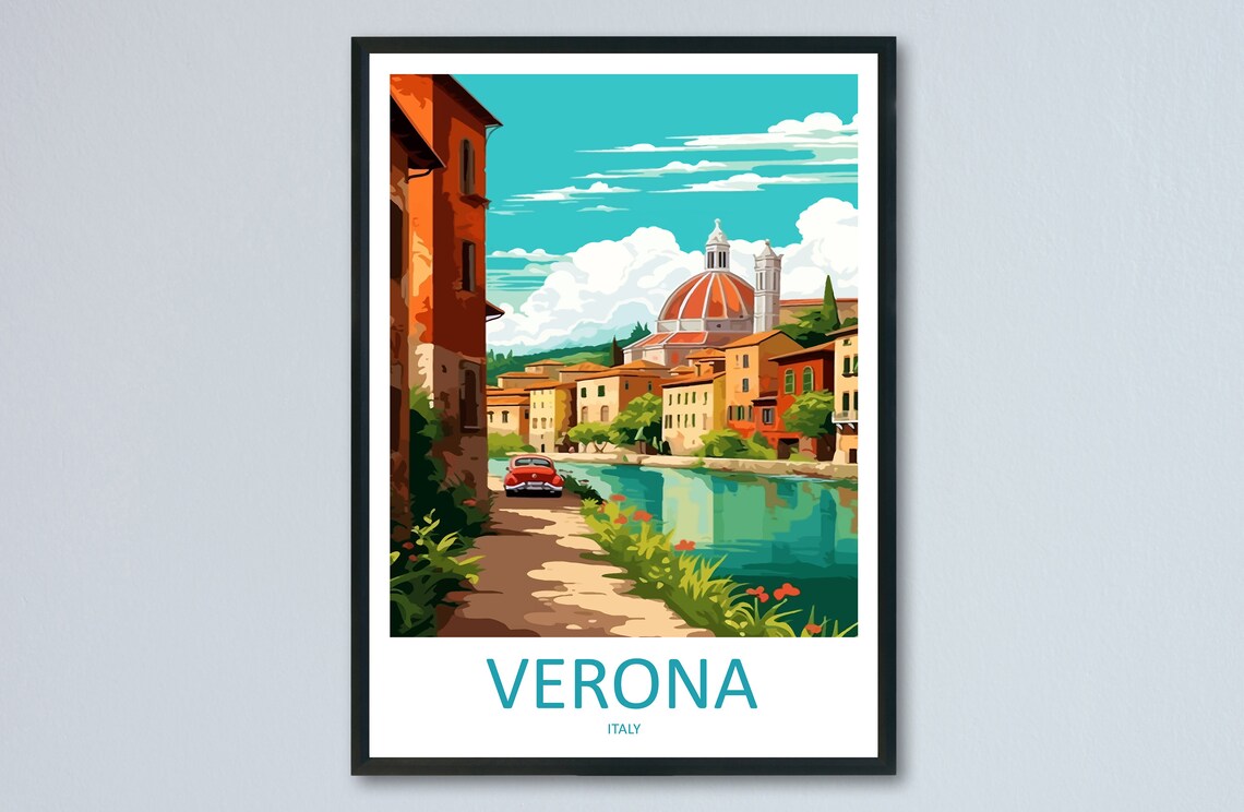 Romantic Verona Italy Riverside Old Town Dome Church Travel Poster