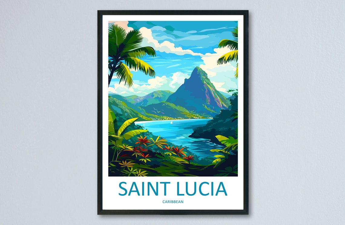 Saint Lucia Pitons Tropical Coast Caribbean Vintage Travel Poster