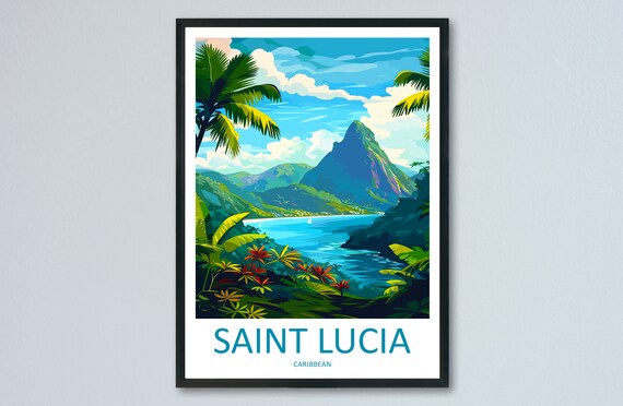Saint Lucia Pitons Tropical Coast Caribbean Vintage Travel Poster