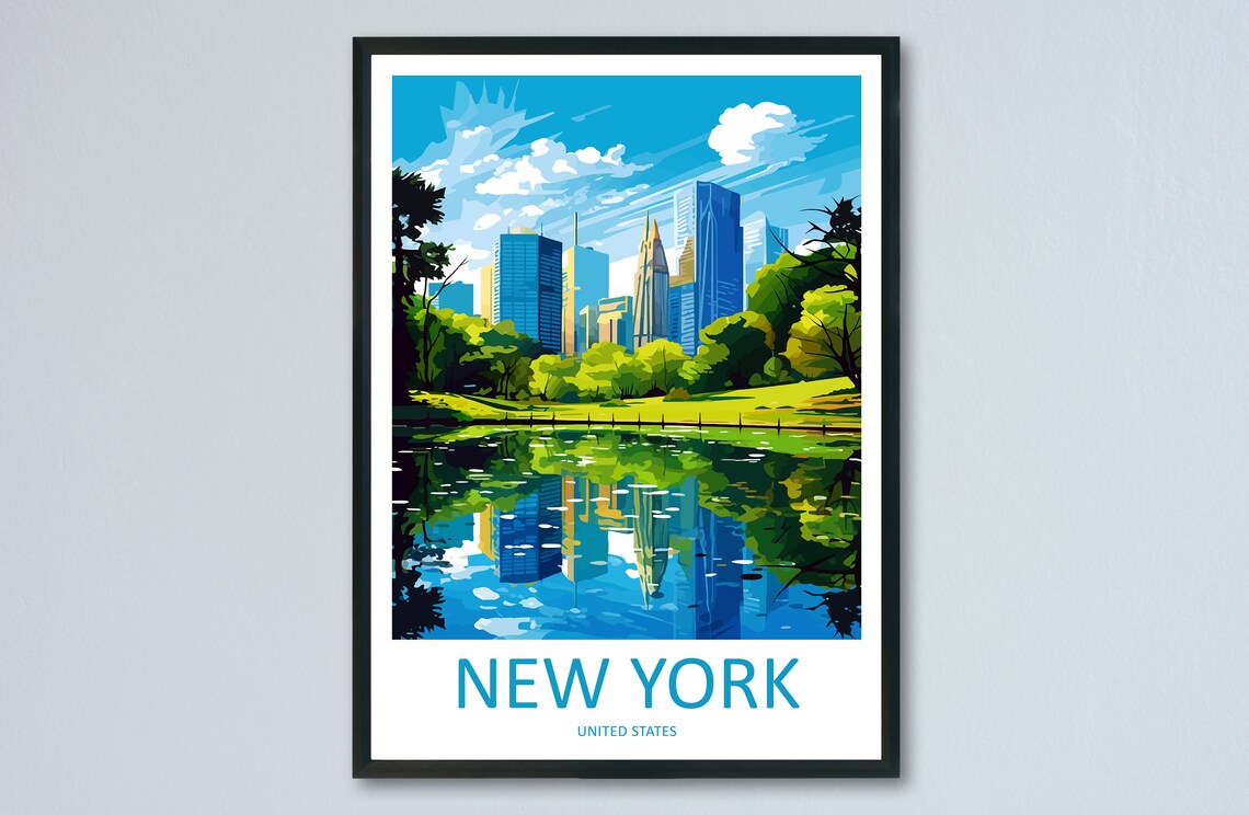 New York City Park Lake Reflections Skyline Pond Scene Travel Poster