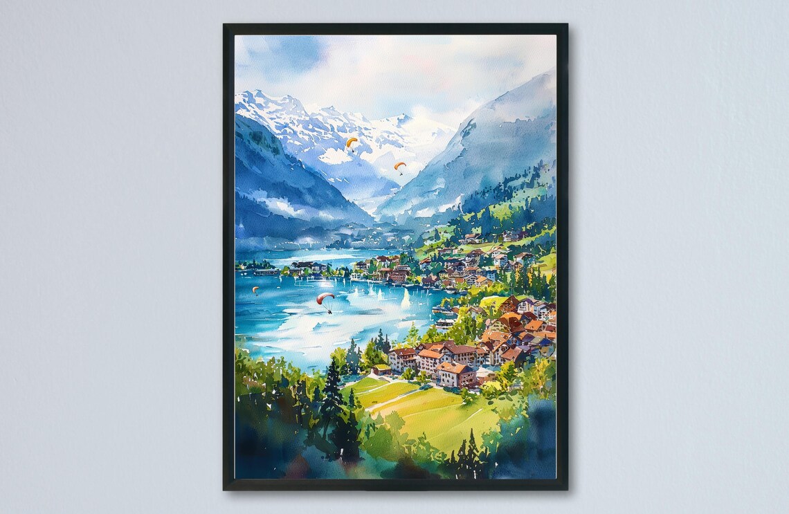 Interlaken Lake Valley Paragliders Town Watercolor Travel Poster