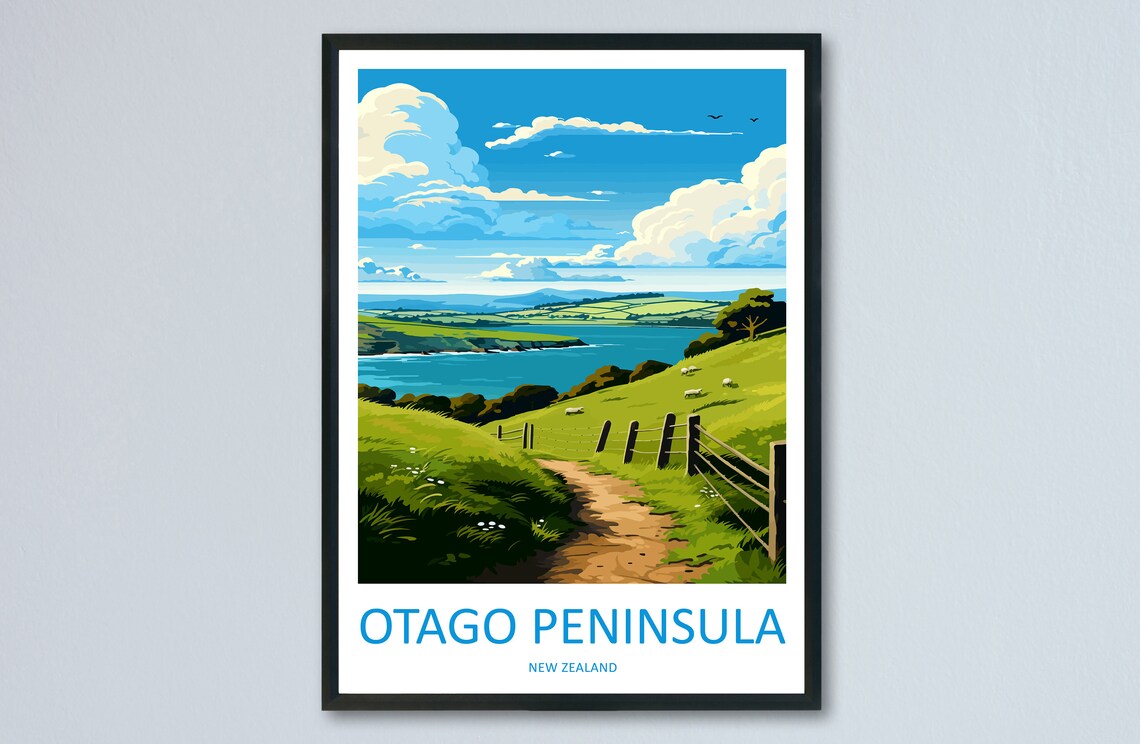Otago Peninsula New Zealand Sheep Pasture Coast Travel Poster