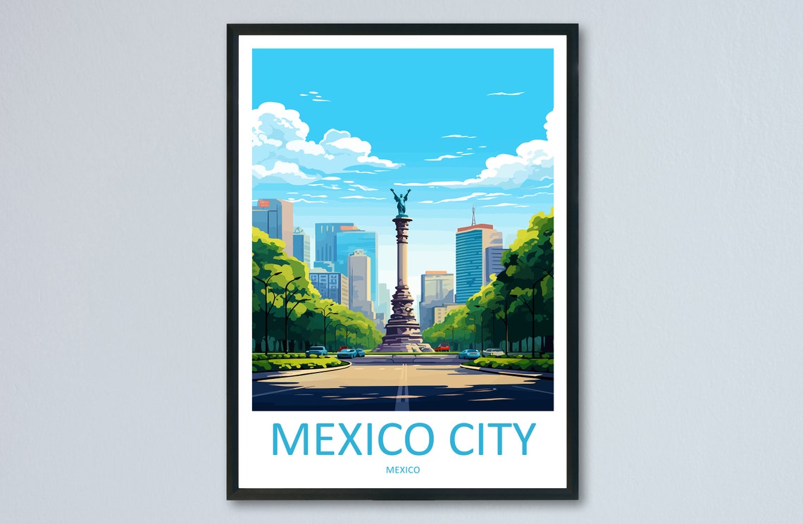 Mexico City Angel of Independence Avenue Skyline Travel Poster