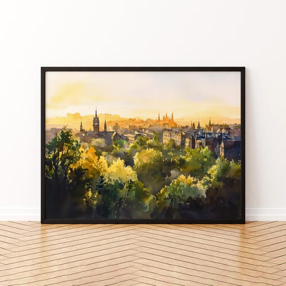 Glasgow Scotland Watercolor Poster Travel Print Cityscape Painting River Clyde Wall Art Uk Decor Souvenir