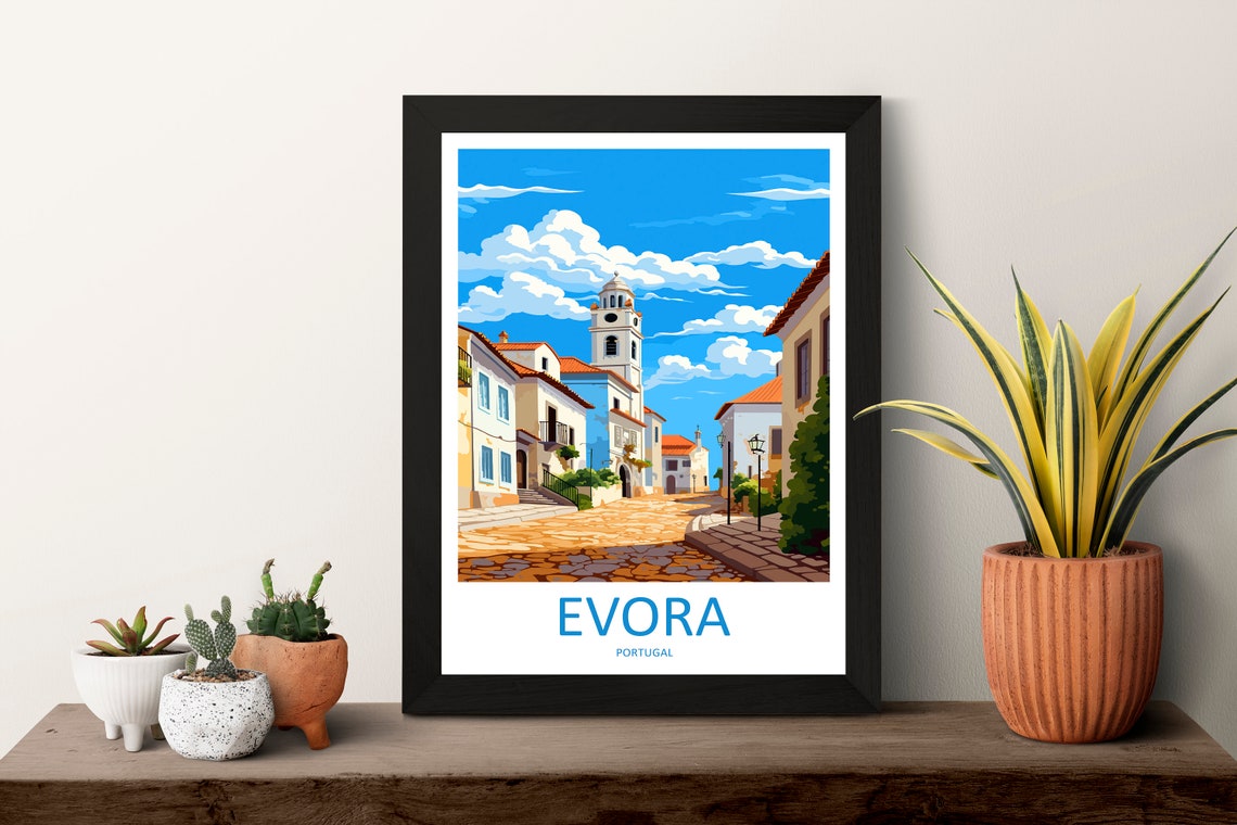 Evora Portugal Cobbled Lane Bell Tower Old Town Travel Poster Art - Image 3