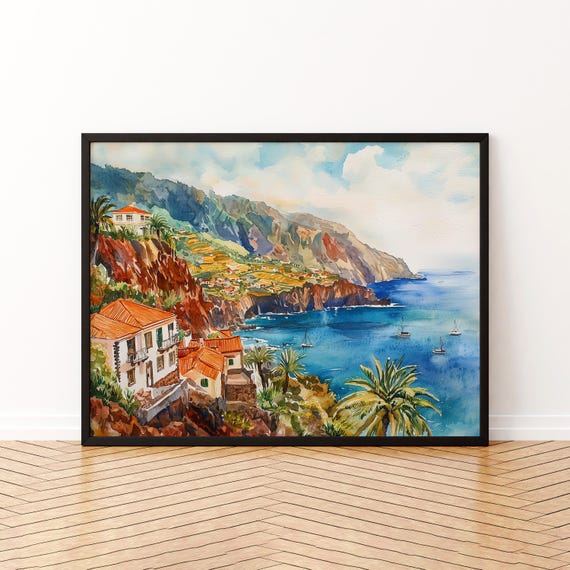 Madeira Watercolor Poster Wall Art Hanging Home Dcor Gift Lovers Portugal