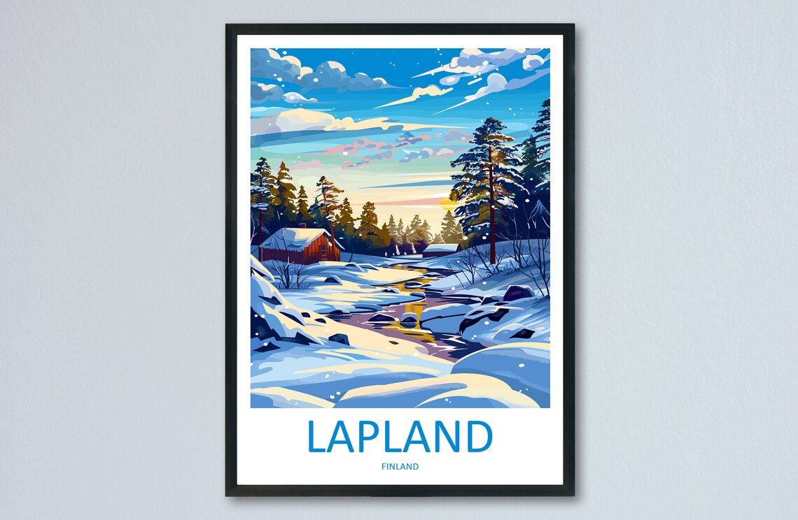 Lapland Finland Winter River Cabin Arctic Sunset Snow Poster
