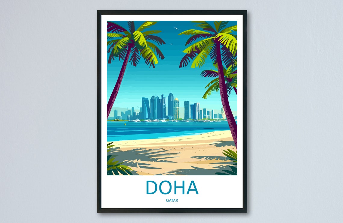 Doha Qatar Beach Skyline Palm Trees Arabian Gulf Travel Poster