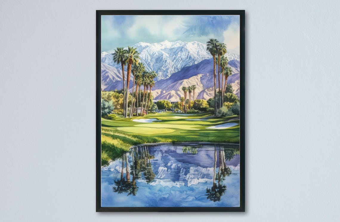 Palm Springs Desert Golf Course Mountain Lake Watercolor Art Poster