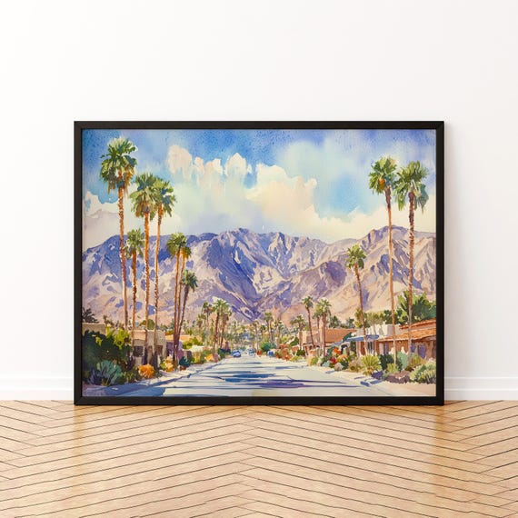Palm Springs Watercolor Poster Travel Print Desert Landscape Painting Modern Wall Art Usa Souvenir