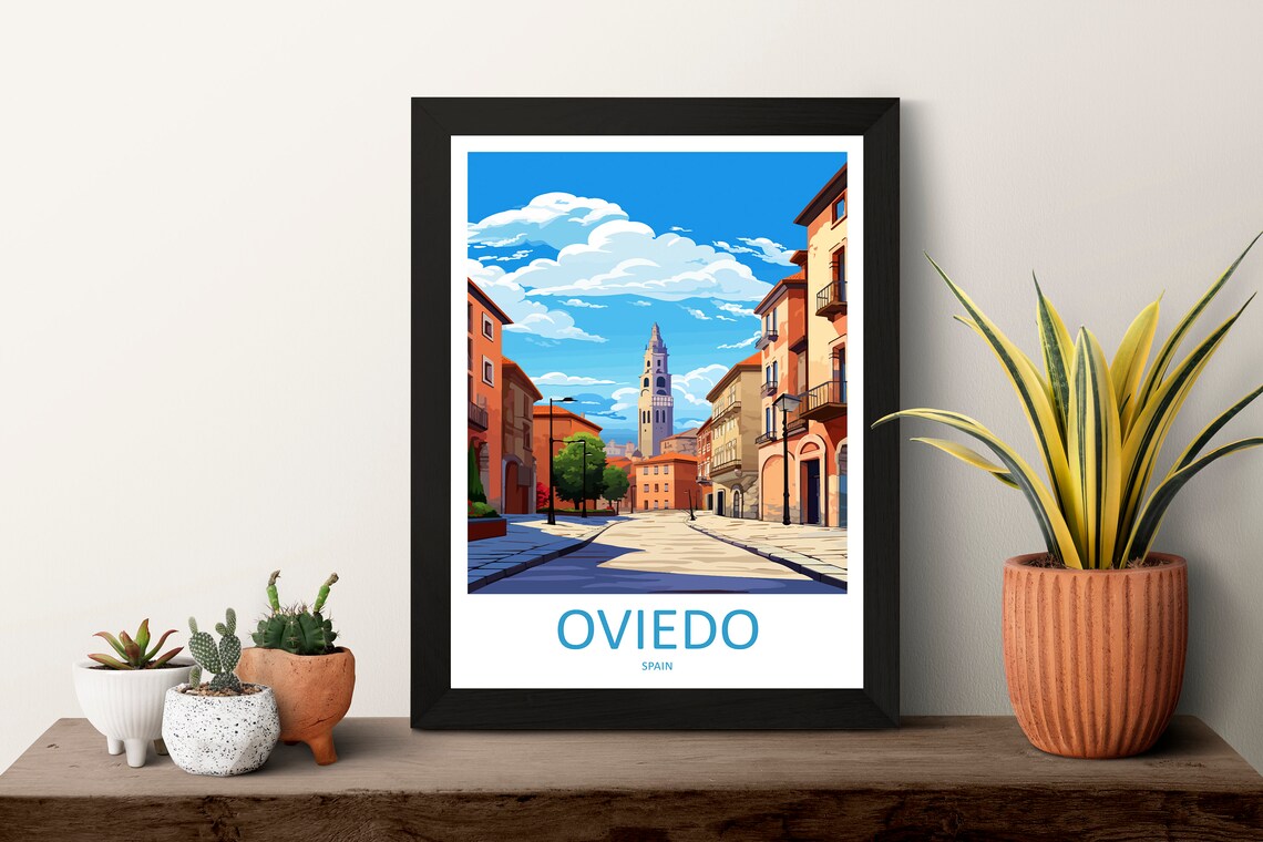Oviedo Spain Sunlit Old Town Street Plaza Bright Travel Poster - Image 3