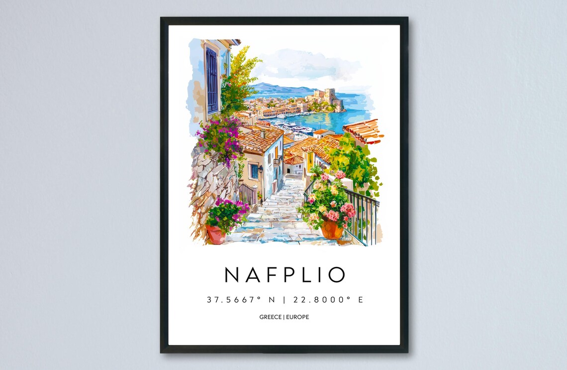 Nafplio Greece Stone Alley Town Flowers Watercolor Travel Poster