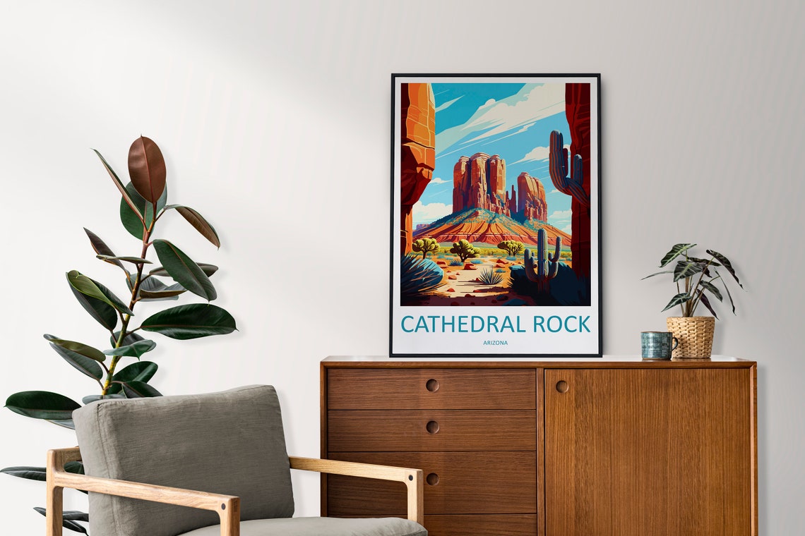 Cathedral Rock Arizona Red Desert Buttes with Cacti Scenic Poster - Image 2