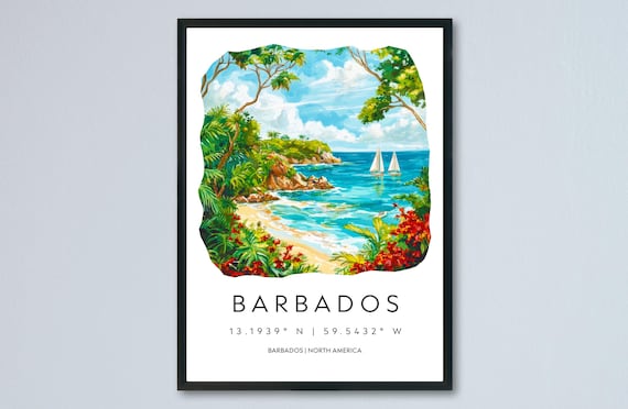 Barbados Tropical Beach Sailboats Turquoise Sea Watercolor Travel Poster