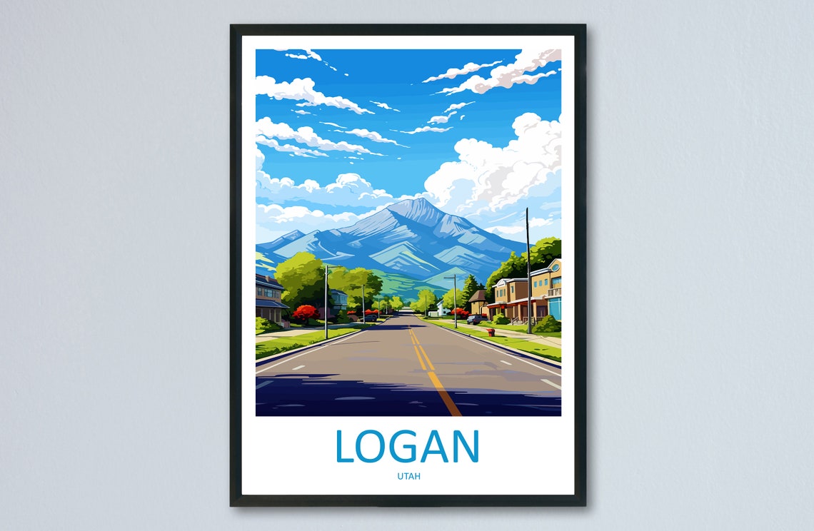 Logan Utah Sunny Main Street Mountain View Illustrated Travel Poster