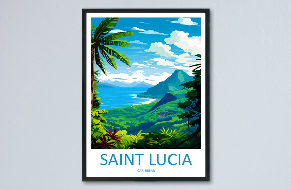 Saint Lucia Caribbean Tropical Mountain Bay View Travel Poster
