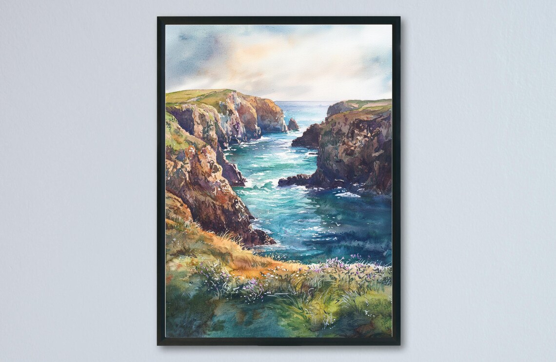 Pembrokeshire Sea Cliffs Rugged Wales Coast Cove Watercolor Poster