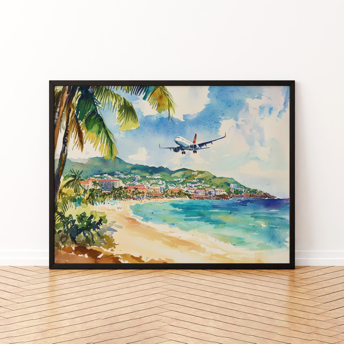 Saint Maarten Tropical Beach Airplane Watercolor Caribbean Poster