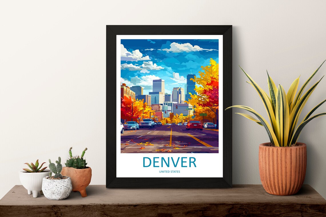Denver Colorado Autumn Skyline Street Fall Colors City Travel Poster - Image 3