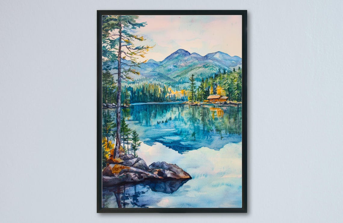 Alpine Mountain Lake Cabin Pine Forest Reflection Watercolor Poster