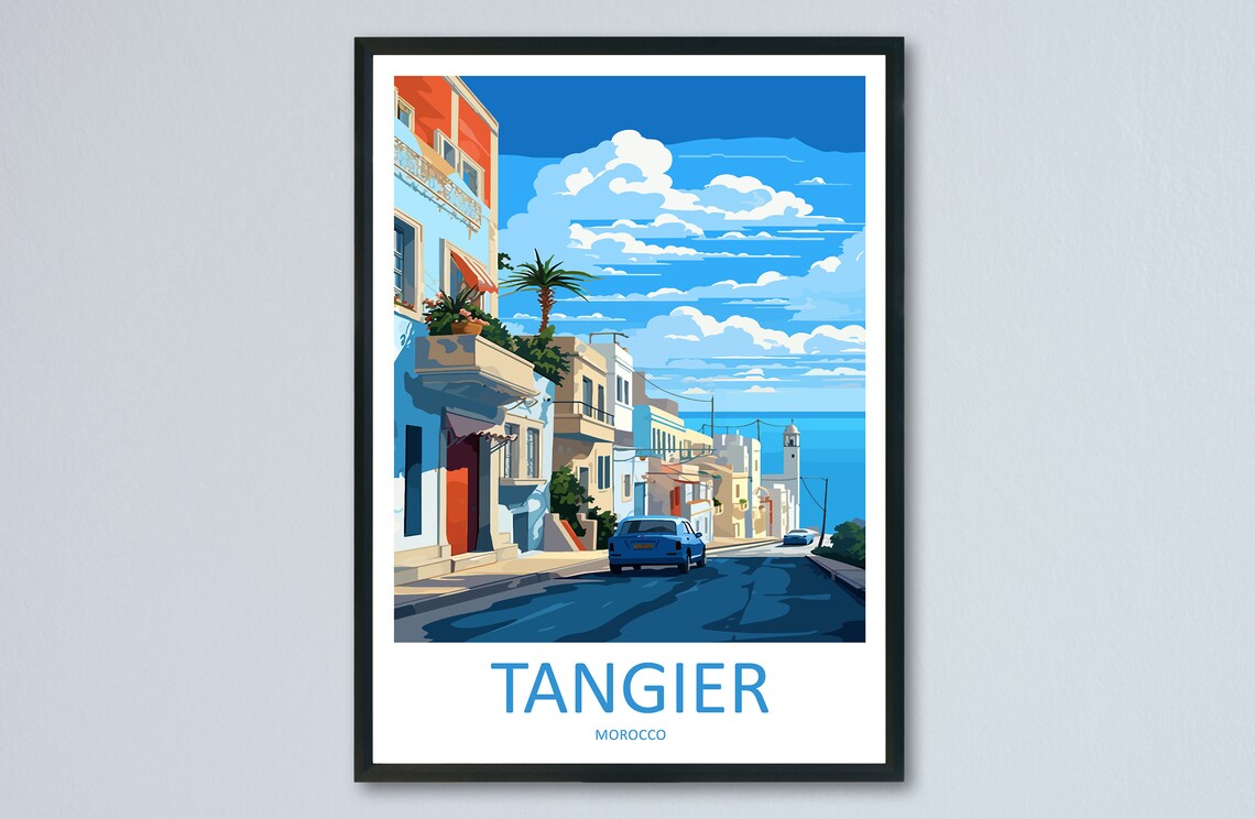 Tangier Morocco Street With Classic Car Coastal Travel Poster