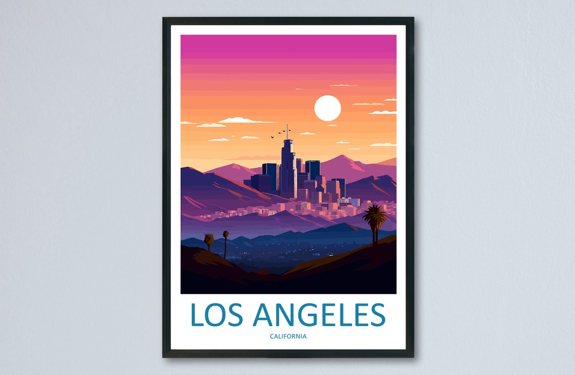 Los Angeles California Downtown Sunset Skyline View Travel Poster