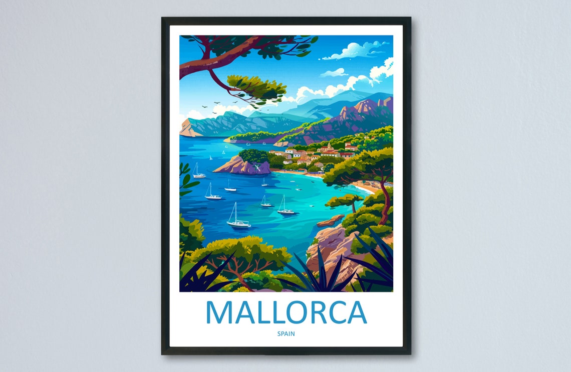 Mallorca Spain Sailboat Bay Pine Trees Coastal Travel Poster