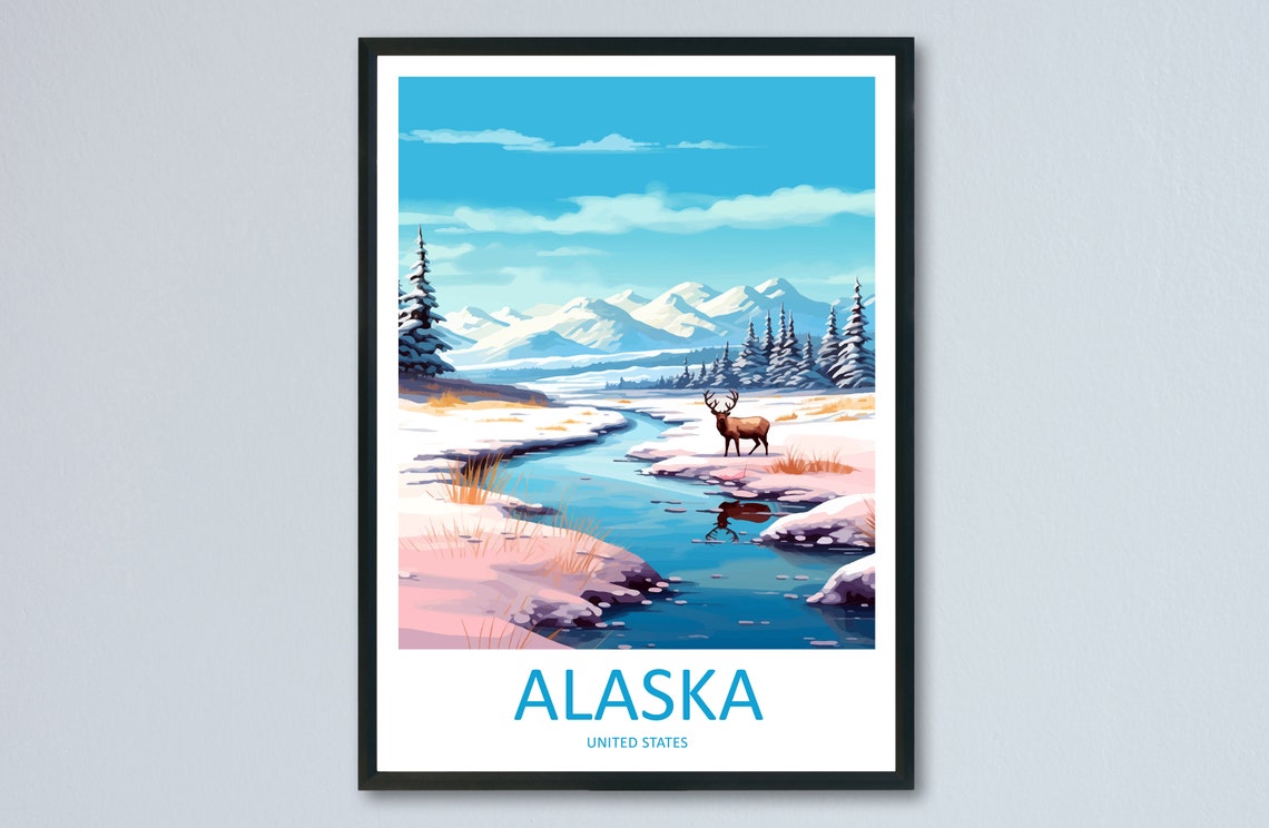 Alaska Snowy River Valley with Moose Winter Landscape Travel Poster