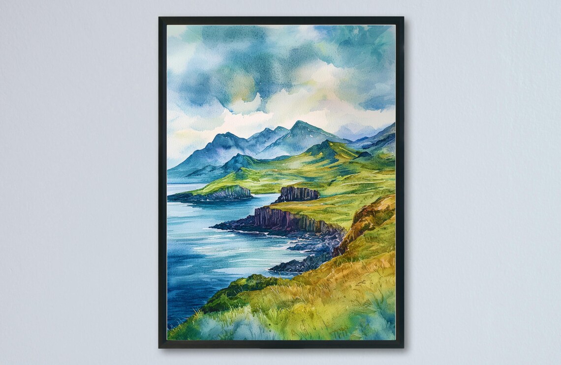 Isle of Mull and Staffa Watercolor Scotland Coastal Landscape Poster