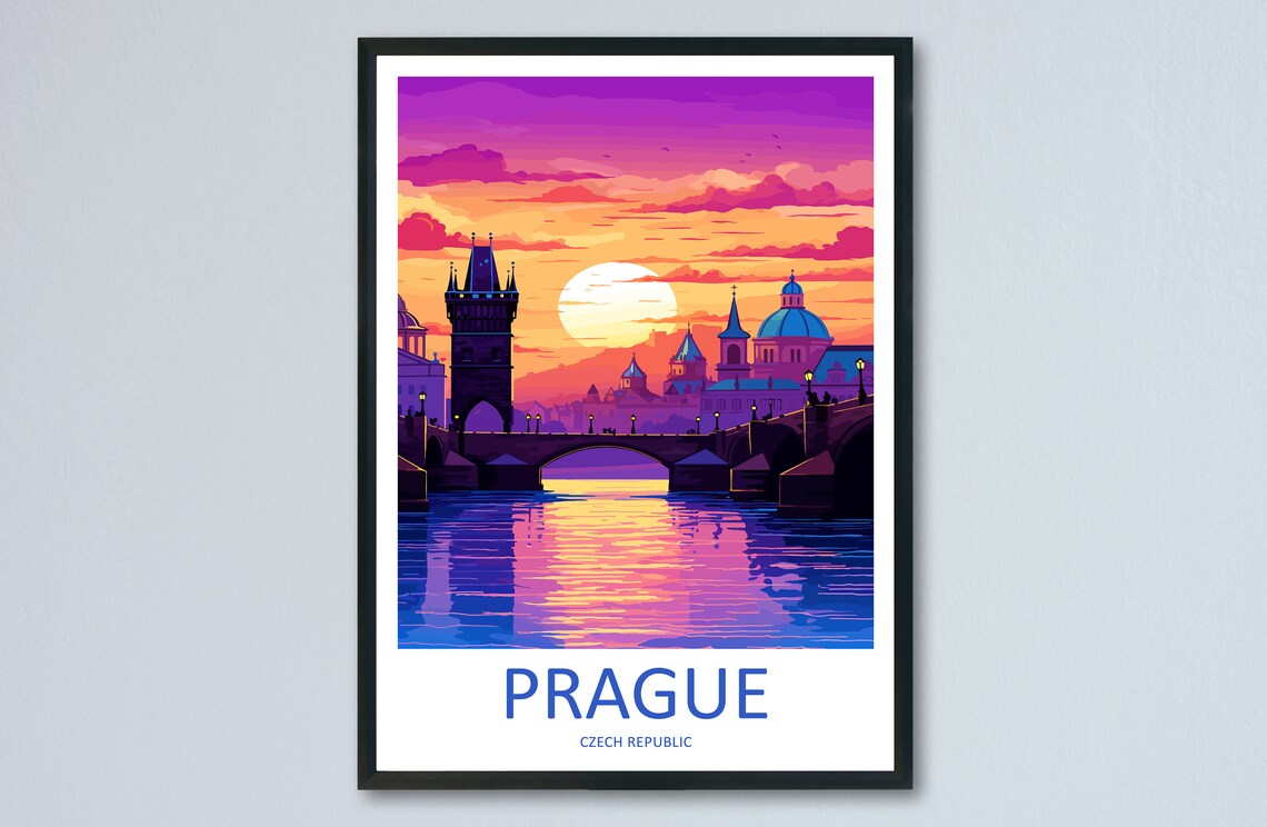 Prague Charles Bridge Sunset Retro Travel Illustration Poster