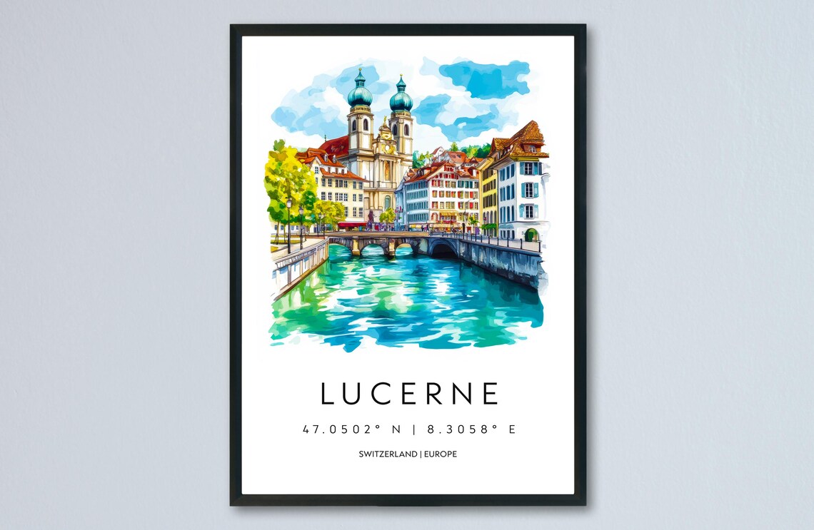 Lucerne Switzerland Riverside Old Town Watercolor Travel Poster