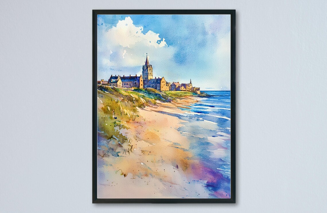 St Andrews Town Church Beach Shore Watercolor Scotland Poster