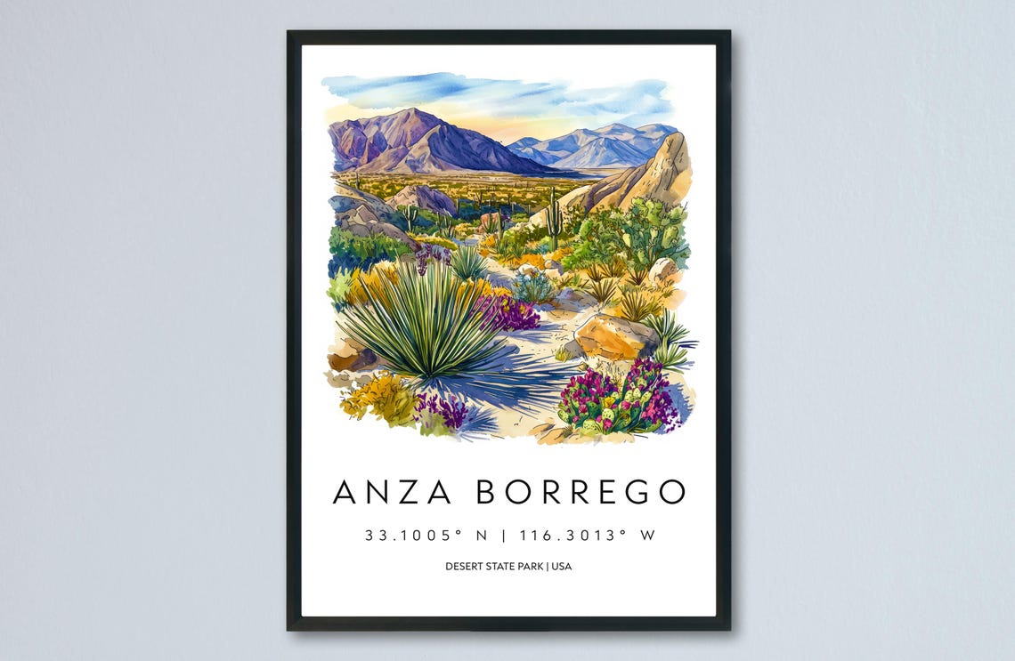 Anza Borrego Desert State Park Blooming Cactus Watercolor Poster