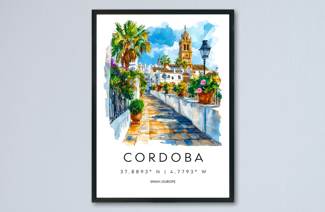 Cordoba Spain Watercolor Old Town Flowers Bell Tower Travel Poster