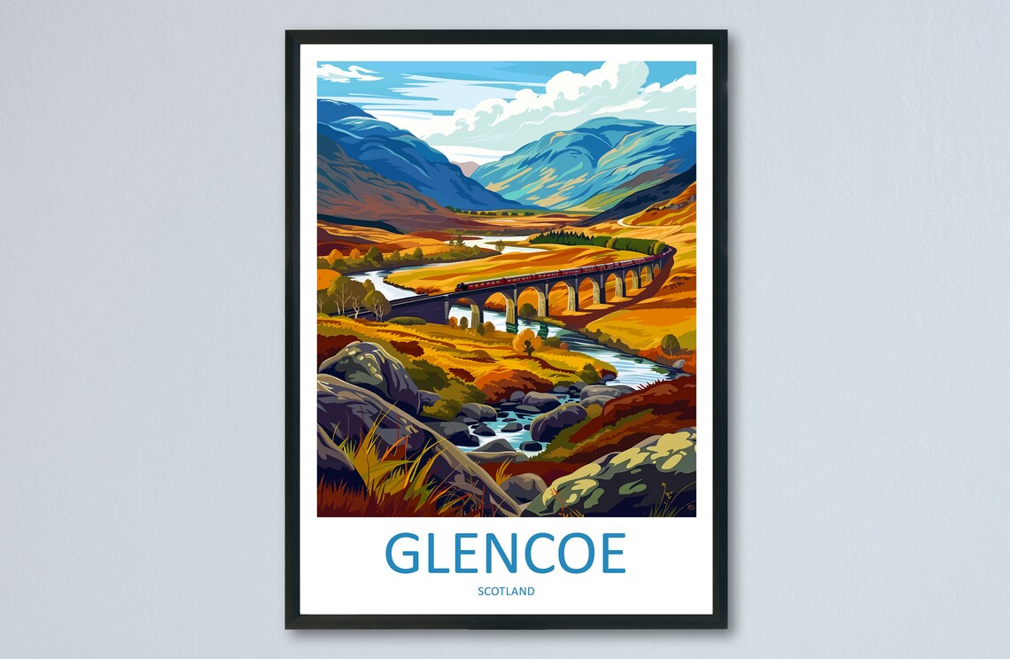 Glencoe Scotland Autumn Moor Stone Railway Viaduct Scene Poster