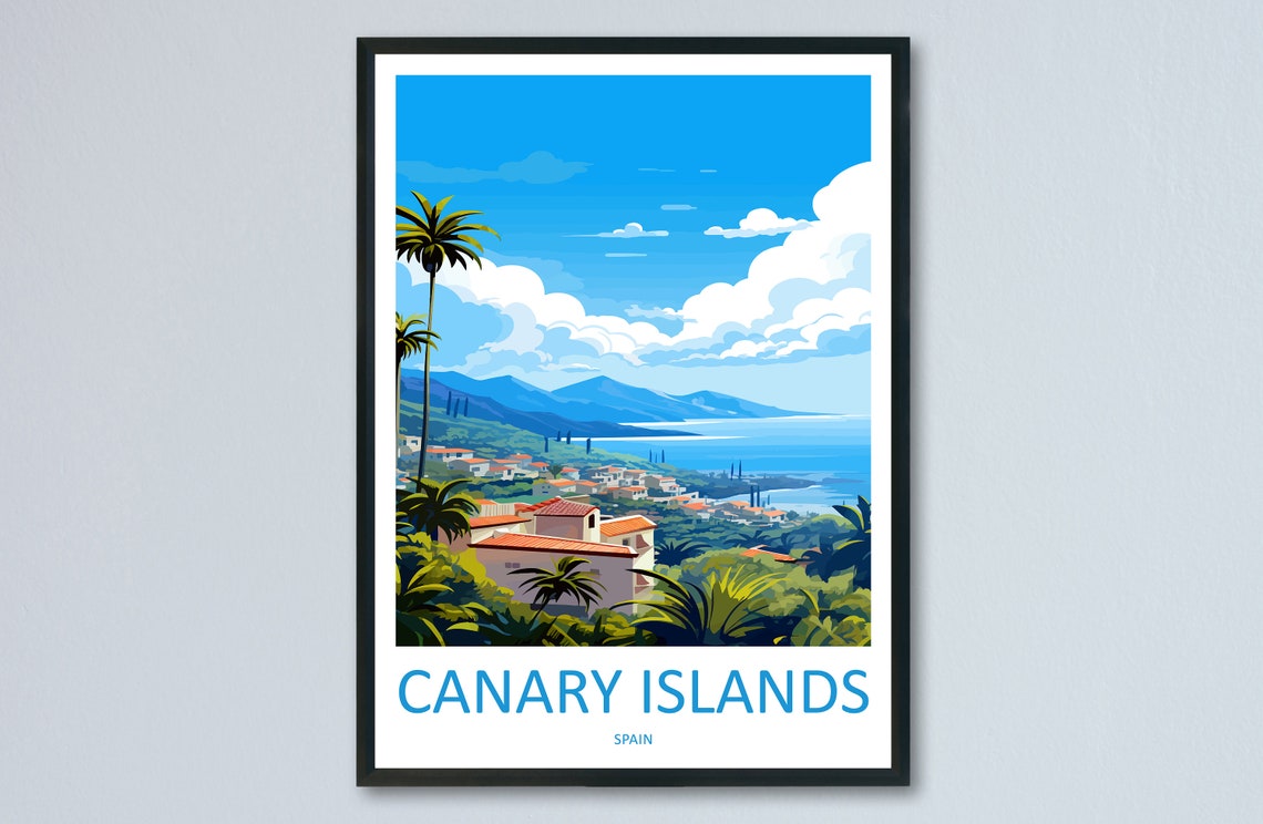 Canary Islands Spain Coastal Hillside Village Illustration Poster